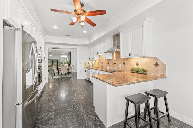 12013 Naughton St, Houston, TX 77024 - kitchen with stainless steel refrigerator with ice dispenser, wall chimney exhaust hood, ceiling fan, white cabinetry, and dark marble finish flooring