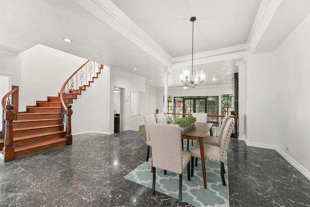 12013 Naughton St, Houston, TX 77024 - dining room with a chandelier, stairs, marble tiled flooring, recessed lighting, and ornamental molding