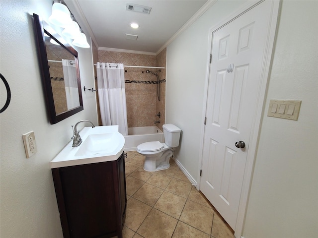 12013 Naughton St, Houston, TX 77024 - full bathroom with vanity, tile patterned floors, shower / bathtub combination with curtain, and crown molding