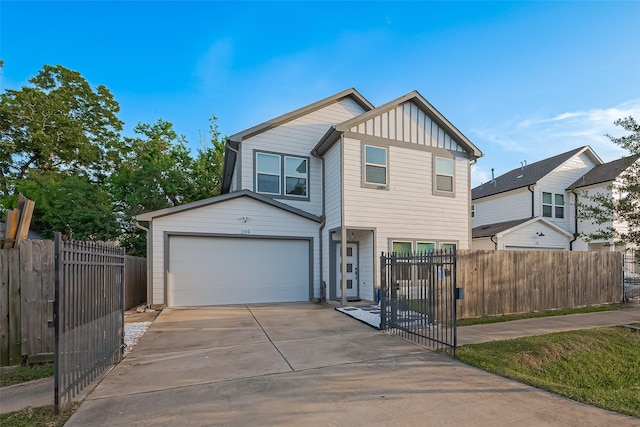 209 Blueberry St, Houston, TX 77018 - view of front of property featuring board and batten siding, concrete driveway, a gate, and a fenced front yard