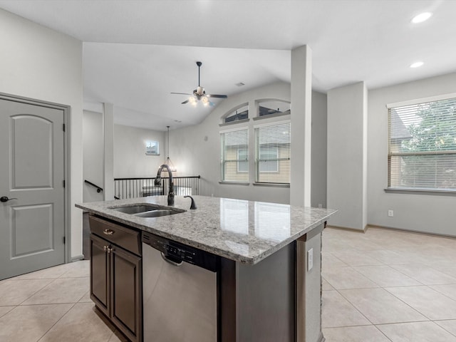 211 Cheswood Forest Pl, Montgomery, TX 77316 - kitchen featuring dishwasher, light tile patterned floors, a ceiling fan, vaulted ceiling, and light stone countertops