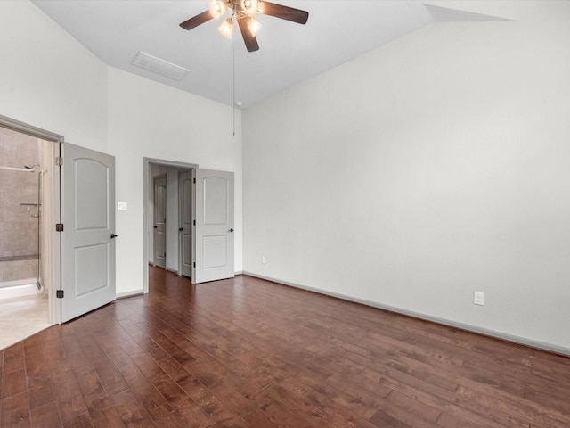 211 Cheswood Forest Pl, Montgomery, TX 77316 - unfurnished room featuring ceiling fan, dark wood finished floors, and high vaulted ceiling