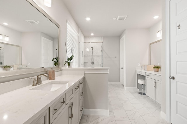503 Highland Thicket Dr, Conroe, TX 77316 - full bath with marble look tiles, a stall shower, vanity, and recessed lighting