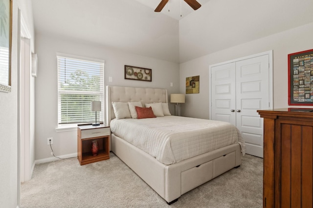 503 Highland Thicket Dr, Conroe, TX 77316 - carpeted bedroom with a closet, a ceiling fan, and lofted ceiling