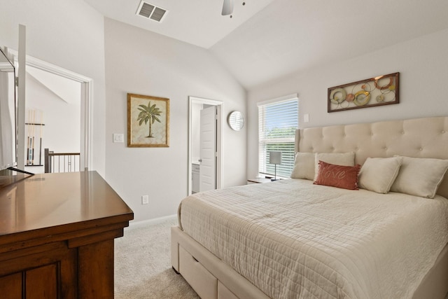 503 Highland Thicket Dr, Conroe, TX 77316 - bedroom with light carpet, vaulted ceiling, ensuite bath, and ceiling fan