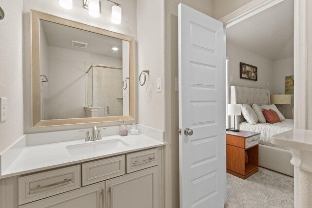 503 Highland Thicket Dr, Conroe, TX 77316 - full bathroom featuring vanity, a shower stall, and vaulted ceiling