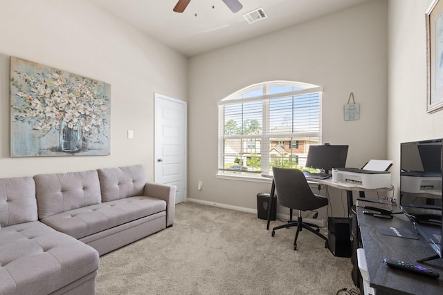 503 Highland Thicket Dr, Conroe, TX 77316 - carpeted home office featuring a ceiling fan and baseboards