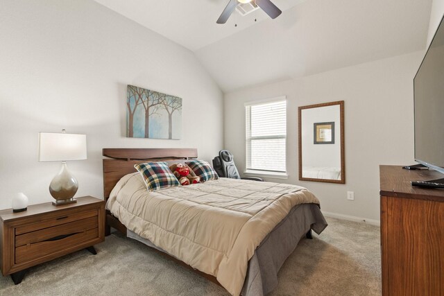 503 Highland Thicket Dr, Conroe, TX 77316 - bedroom featuring light carpet, lofted ceiling, and ceiling fan