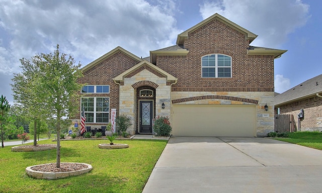 503 Highland Thicket Dr, Conroe, TX 77316 - view of front of property featuring stone siding, an attached garage, concrete driveway, a front lawn, and brick siding