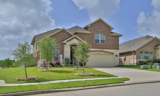 503 Highland Thicket Dr, Conroe, TX 77316 - view of front facade featuring brick siding, a garage, stone siding, and driveway