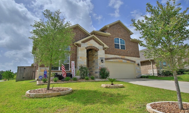 503 Highland Thicket Dr, Conroe, TX 77316 - traditional home with stone siding, brick siding, a garage, and concrete driveway