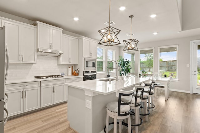 503 Highland Thicket Dr, Conroe, TX 77316 - kitchen with stainless steel appliances, under cabinet range hood, recessed lighting, light wood-type flooring, and light countertops