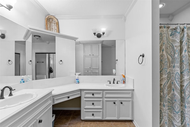 169 April Cv, Conroe, TX 77356 - full bathroom featuring ornamental molding, double vanity, tile patterned floors, and a shower with shower curtain