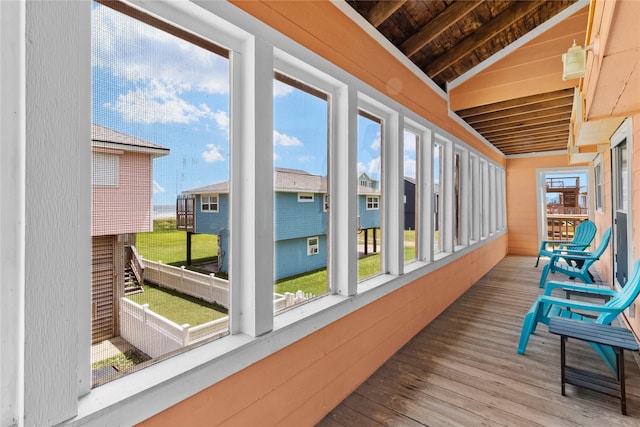 21216 Gulf Dr, Galveston, TX 77554 - sunroom with wood finished floors, wood ceiling, and vaulted ceiling