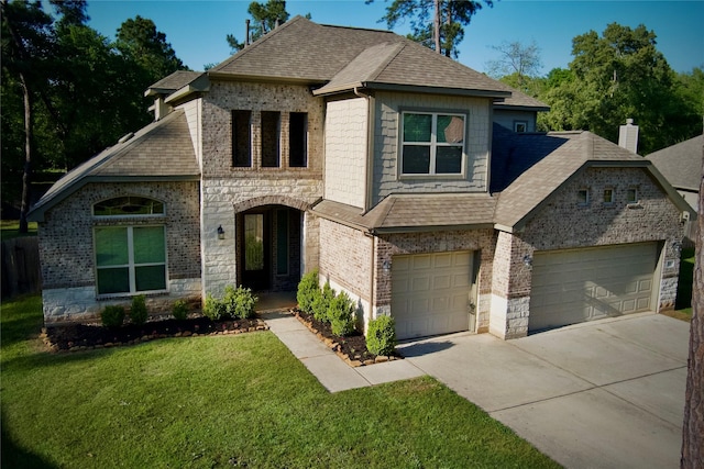 59 Beaconsfield Dr, Magnolia, TX 77355 - french provincial home with a front yard, driveway, roof with shingles, and brick siding