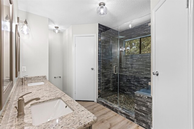 5 Cat Feet Ct, Spring, TX 77381 - full bath featuring wood finished floors, double vanity, a stall shower, and a textured ceiling