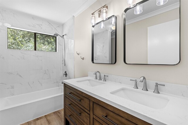 5 Cat Feet Ct, Spring, TX 77381 - bathroom with washtub / shower combination, double vanity, and wood finished floors