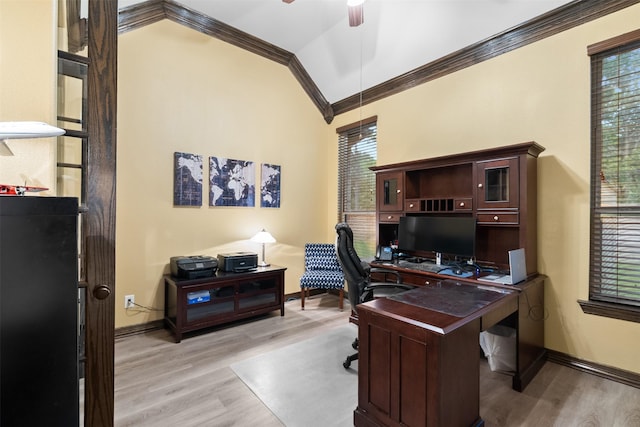 100 Anderson Ranch Ln, Friendswood, TX 77546 - office space featuring ornamental molding, vaulted ceiling, light wood-type flooring, and a ceiling fan
