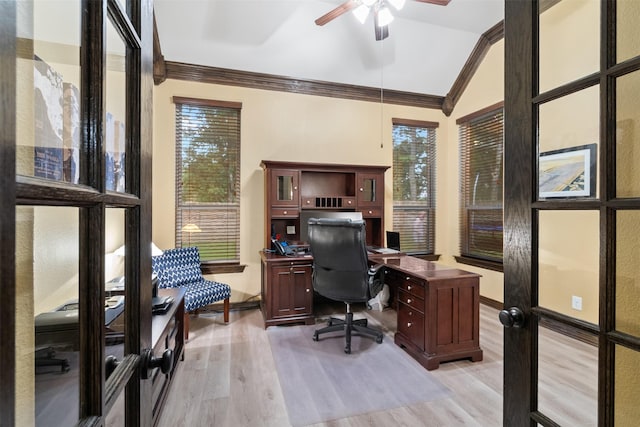 100 Anderson Ranch Ln, Friendswood, TX 77546 - office area with crown molding, light wood-style flooring, ceiling fan, and lofted ceiling