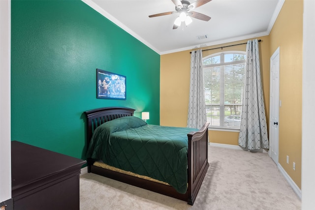 100 Anderson Ranch Ln, Friendswood, TX 77546 - bedroom featuring ornamental molding, multiple windows, carpet floors, and ceiling fan