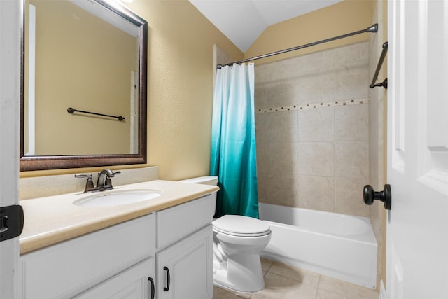 100 Anderson Ranch Ln, Friendswood, TX 77546 - full bathroom featuring vanity, shower / bath combo with shower curtain, tile patterned floors, lofted ceiling, and a textured wall
