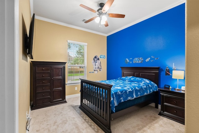 100 Anderson Ranch Ln, Friendswood, TX 77546 - carpeted bedroom with ornamental molding and a ceiling fan