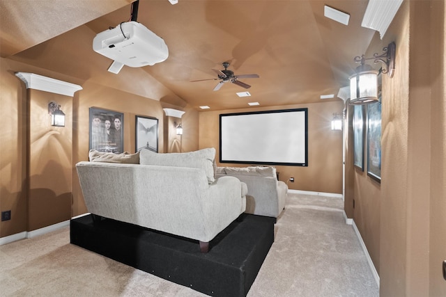 100 Anderson Ranch Ln, Friendswood, TX 77546 - home theater room with light colored carpet, lofted ceiling, and a ceiling fan