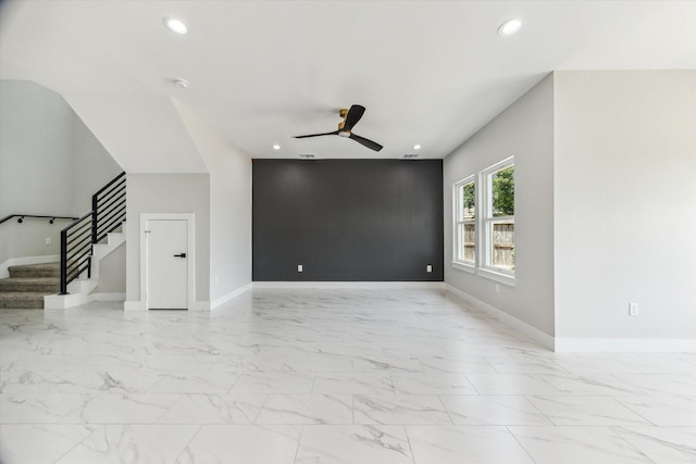 10219 Carmencita Way, Houston, TX 77075 - unfurnished living room with a ceiling fan, stairway, recessed lighting, and light marble finish floors