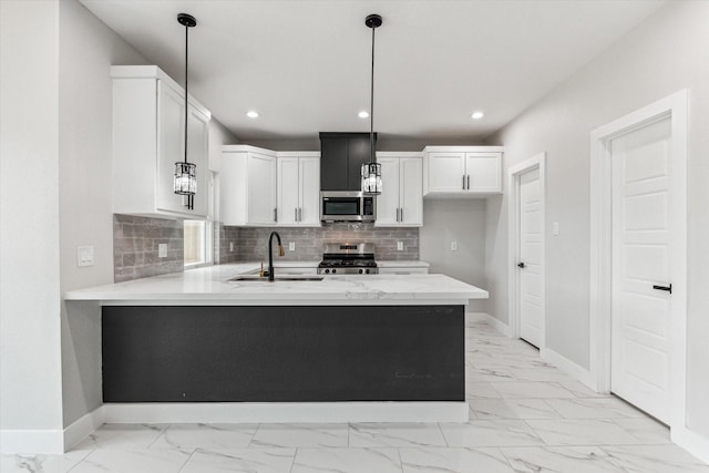 10219 Carmencita Way, Houston, TX 77075 - kitchen featuring stainless steel appliances, light marble finish flooring, a peninsula, recessed lighting, and decorative backsplash