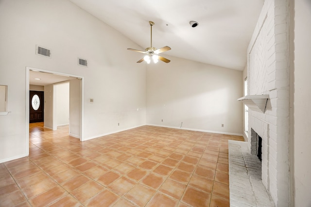 8020 Oakwood Forest Dr, Houston, TX 77040 - unfurnished living room with a ceiling fan, high vaulted ceiling, a brick fireplace, and light tile patterned flooring