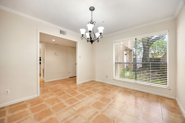 8020 Oakwood Forest Dr, Houston, TX 77040 - empty room with crown molding, a chandelier, and light tile patterned floors