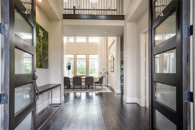 34207 Mill Creek Ct, Pinehurst, TX 77362 - foyer entrance featuring a high ceiling, plenty of natural light, and dark wood-style floors