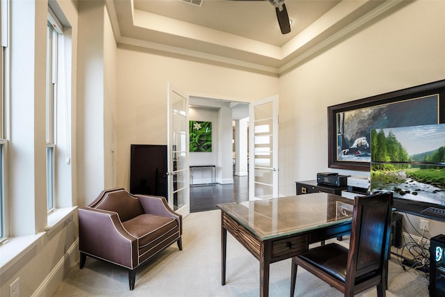 34207 Mill Creek Ct, Pinehurst, TX 77362 - office space with french doors, ceiling fan, and a tray ceiling