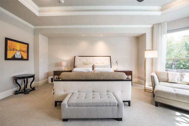 34207 Mill Creek Ct, Pinehurst, TX 77362 - bedroom featuring a raised ceiling, crown molding, and light carpet