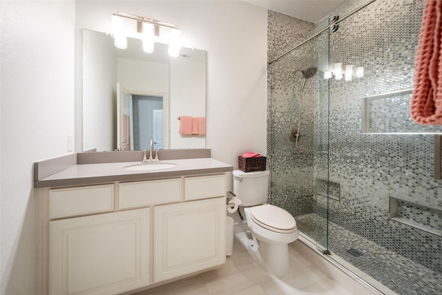 34207 Mill Creek Ct, Pinehurst, TX 77362 - full bathroom featuring a stall shower, vanity, and tile patterned flooring