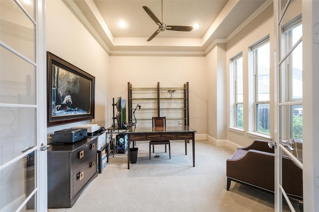34207 Mill Creek Ct, Pinehurst, TX 77362 - office area featuring light carpet, a ceiling fan, a raised ceiling, and french doors