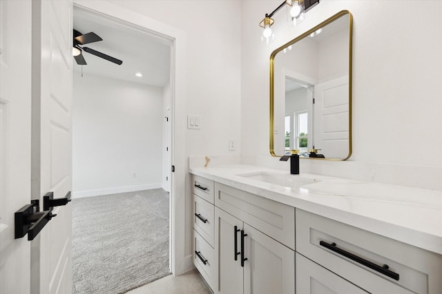 8614 Viera Ln, Houston, TX 77075 - bathroom featuring vanity, a ceiling fan, and recessed lighting