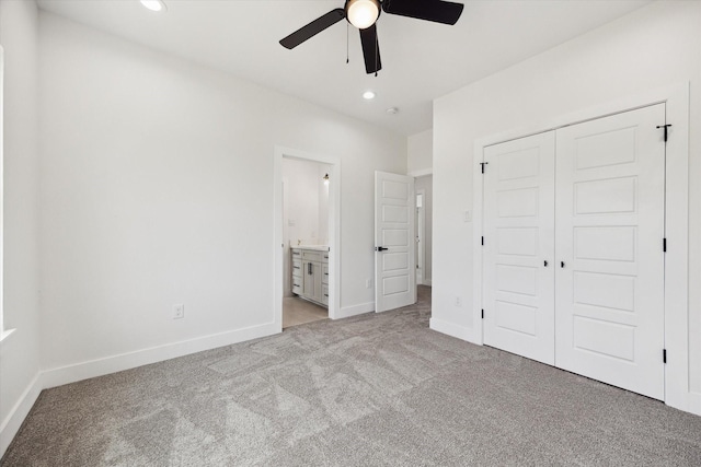 8614 Viera Ln, Houston, TX 77075 - unfurnished bedroom featuring carpet flooring, a closet, recessed lighting, ensuite bath, and ceiling fan