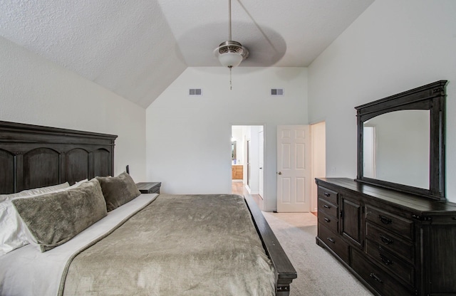 3411 Deeds Rd, Houston, TX 77084 - bedroom with vaulted ceiling, light carpet, a textured ceiling, ensuite bathroom, and ceiling fan