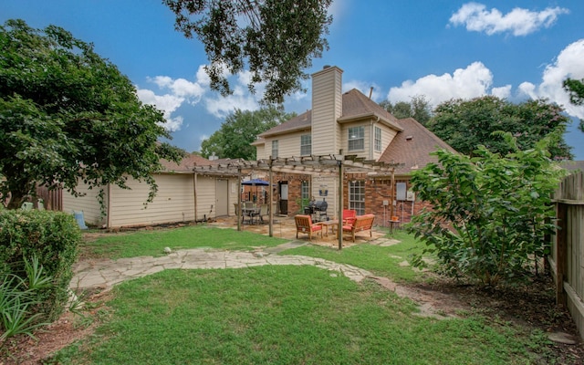3411 Deeds Rd, Houston, TX 77084 - rear view of property with a pergola, a patio, a chimney, and roof with shingles