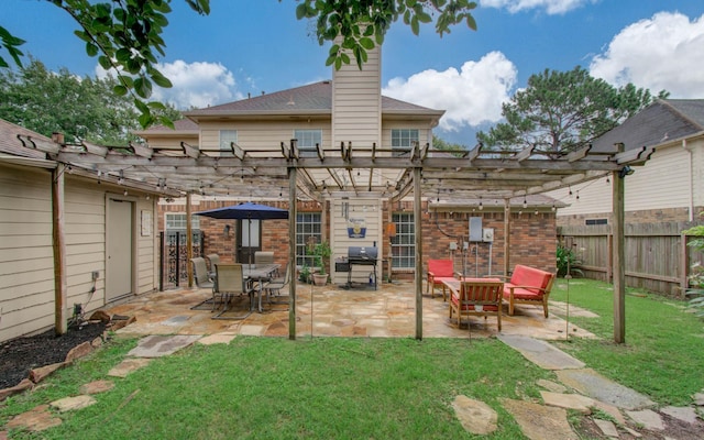 3411 Deeds Rd, Houston, TX 77084 - rear view of property with a pergola, a chimney, and brick siding