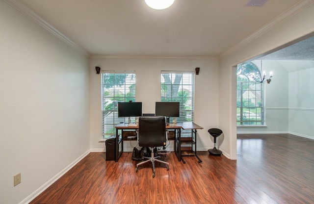 3411 Deeds Rd, Houston, TX 77084 - home office featuring wood finished floors, crown molding, and a chandelier