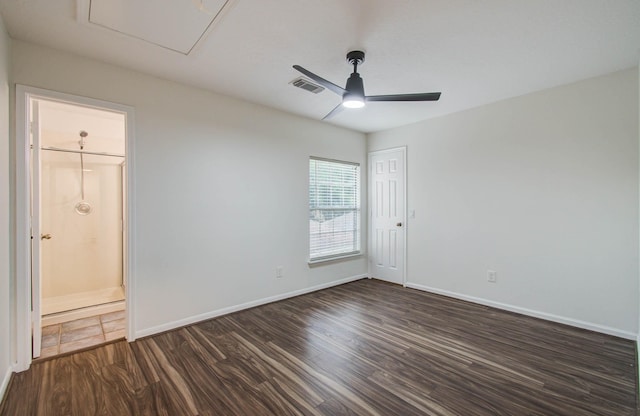 3411 Deeds Rd, Houston, TX 77084 - unfurnished bedroom featuring attic access, dark wood finished floors, ensuite bath, and ceiling fan