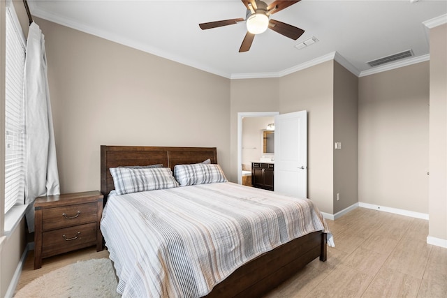 19647 Travis Cannon Ln, Richmond, TX 77407 - bedroom with ornamental molding, a ceiling fan, and connected bathroom