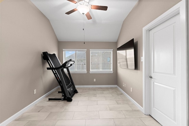 19647 Travis Cannon Ln, Richmond, TX 77407 - exercise room featuring vaulted ceiling, a ceiling fan, and light tile patterned floors