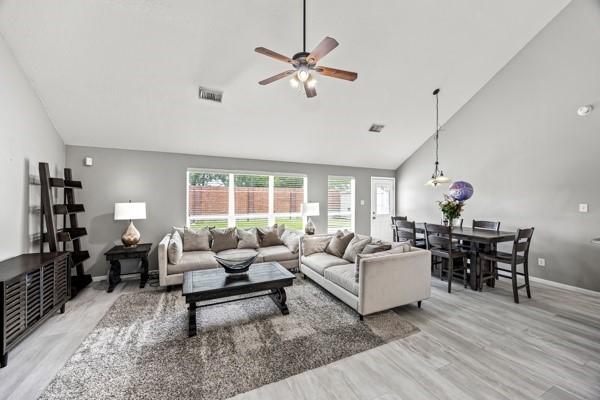 15323 Southwood Trace Ln, Houston, TX 77049 - living area with high vaulted ceiling, ceiling fan, and light wood-style floors