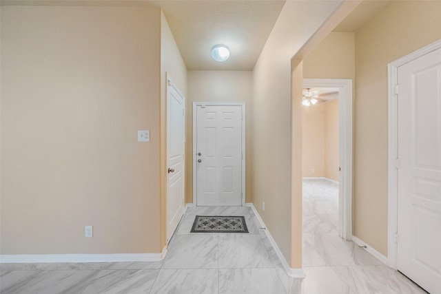 17415 Blackstone Trails Dr, Humble, TX 77396 - doorway to outside featuring light marble finish flooring and a ceiling fan