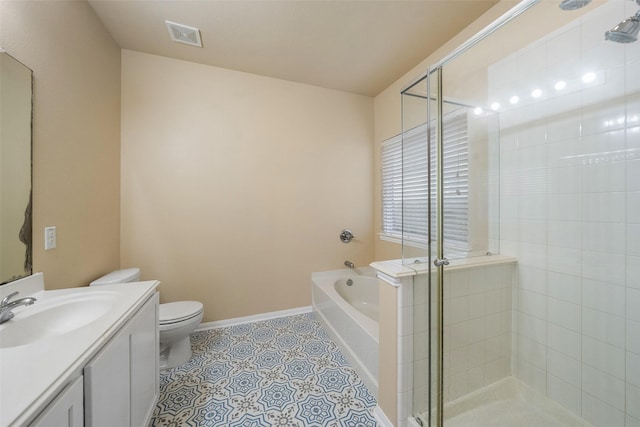 17415 Blackstone Trails Dr, Humble, TX 77396 - bathroom with a bath, a shower stall, vanity, and tile patterned flooring