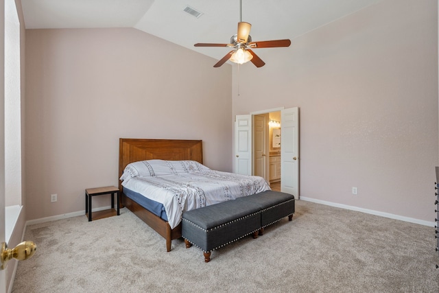 23 Murmuring Creek Pl, The Woodlands, TX 77385 - carpeted bedroom with high vaulted ceiling, a ceiling fan, and ensuite bath