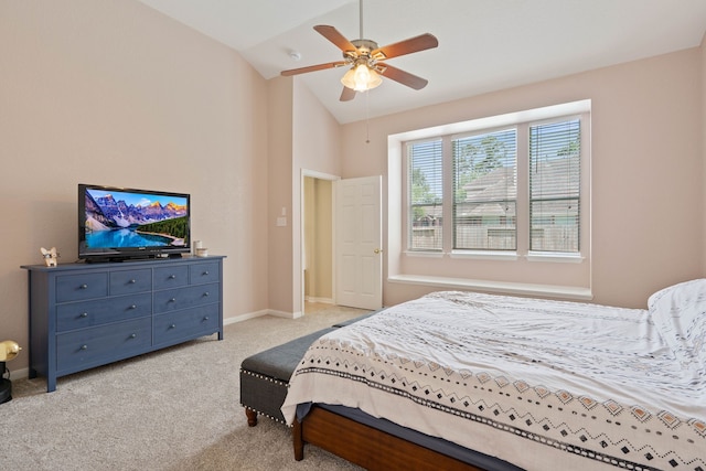 23 Murmuring Creek Pl, The Woodlands, TX 77385 - bedroom featuring vaulted ceiling, light colored carpet, and a ceiling fan